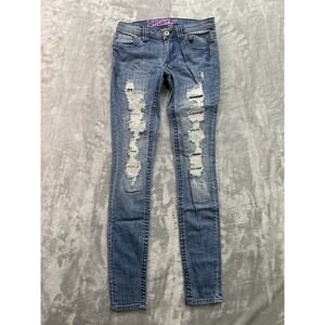 Roxy Y2K Super Skinny Jeans Womens/Girls Sz 1 Blue Distressed Stretch Low Rise